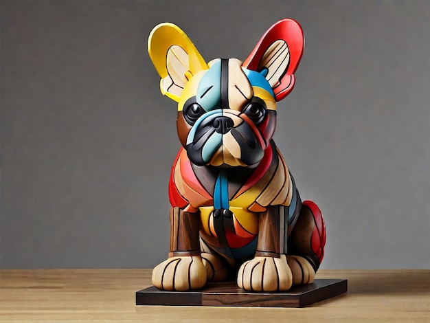 un bulldog francese scolpito da un singolo pezzo di legno con illustrazione a colori brillanti