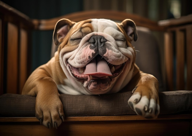 Un Bulldog inglese con la lingua fuori che si prende una pausa da una sessione di gioco