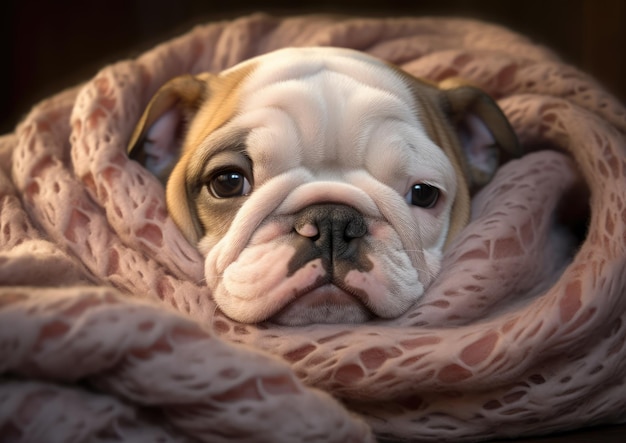 Un Bulldog inglese rannicchiato in una coperta accogliente in una serata fredda