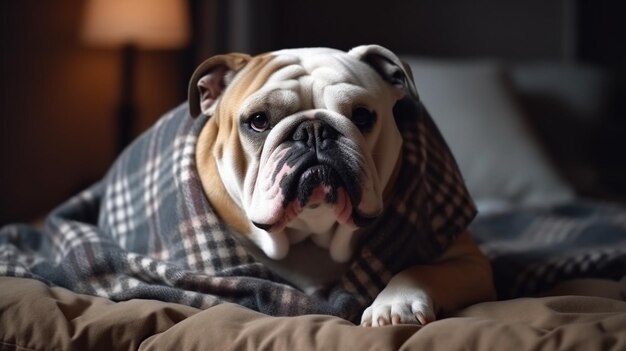 Un bulldog sdraiato su un letto in una camera da letto