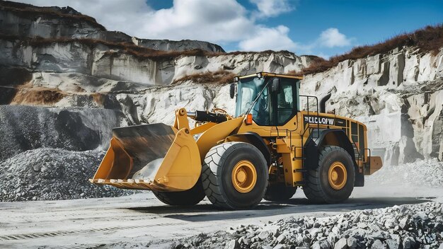 Un bulldozer a ruote gialle sta lavorando in una cava