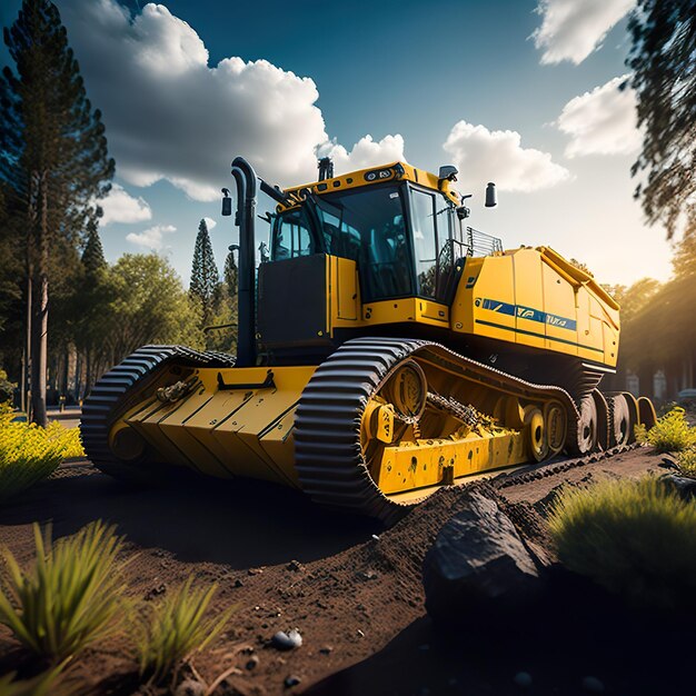 Un bulldozer giallo con la parola "bulldozer" sulla parte anteriore.