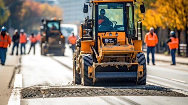 un bulldozer giallo sta guidando lungo una strada con altri veicoli.