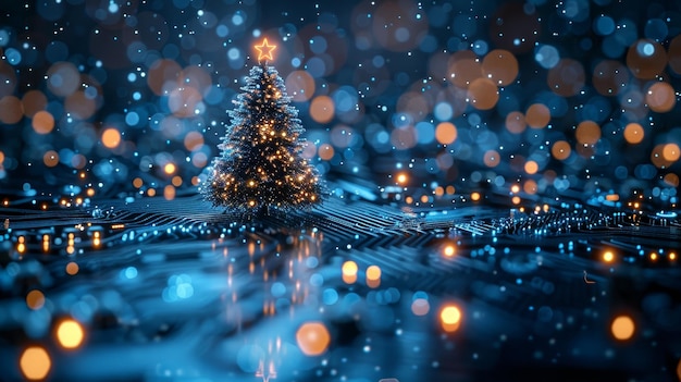 Un buon Natale e un buon anno nuovo modello di albero di Natale nell'anno 2024 su una scheda di circuiti stampati elettronici fiocchi di neve generati da impulsi elettronici Tech 2024