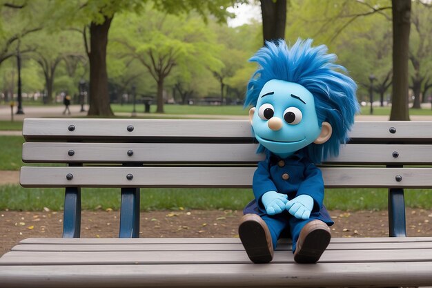 Un burattino dai capelli blu che pensa su una panchina marrone del parco