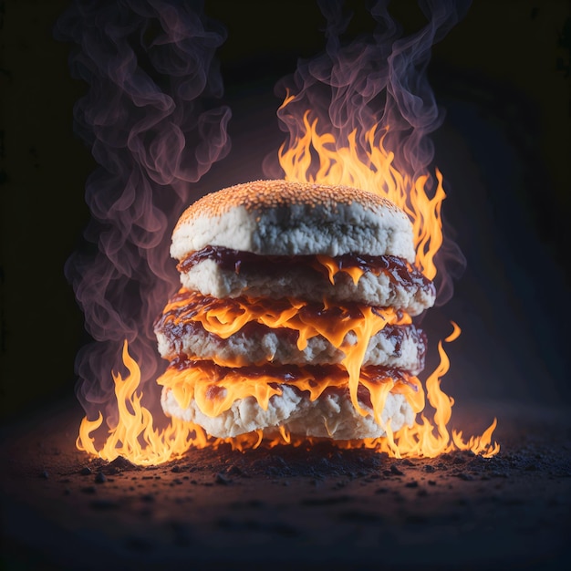 Un burger in fiamme con le parole "burger" sopra.