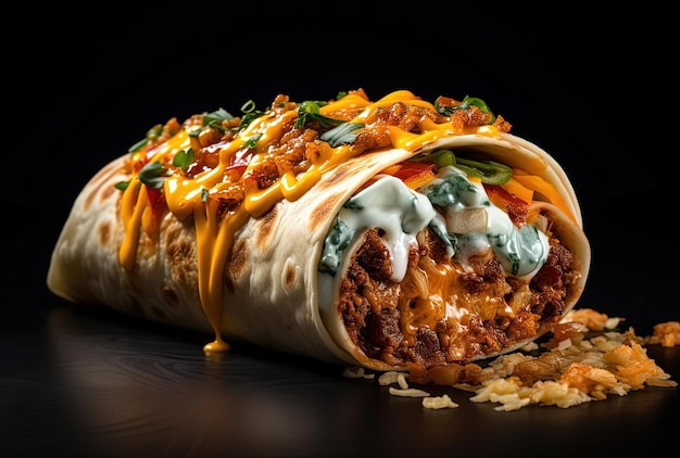 un burrito fatto con formaggio e peperoni è mostrato nello stile di teal scuro e arancione chiaro