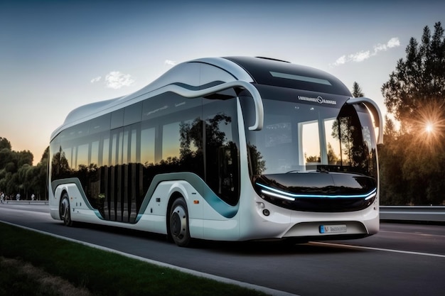 Un bus bianco con tettuccio nero e la scritta electric sul davanti.