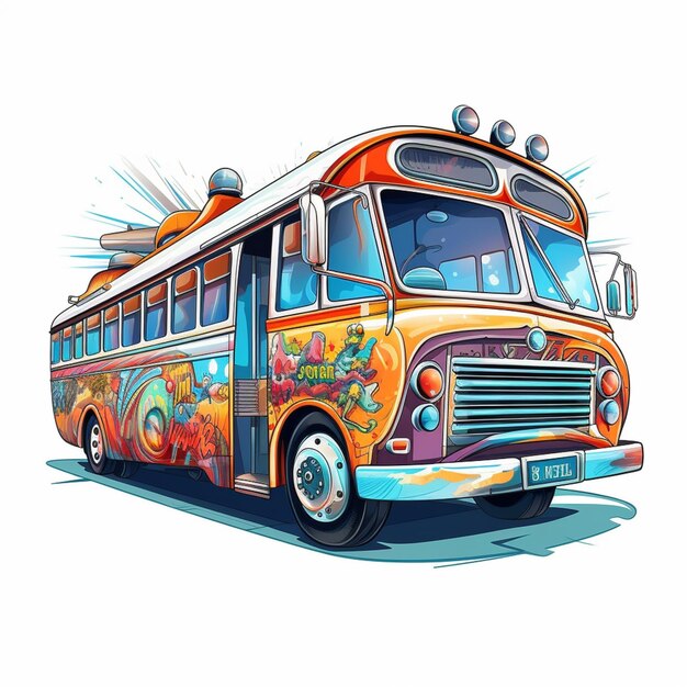 Un bus dei cartoni animati con un graffito colorato sul davanti.