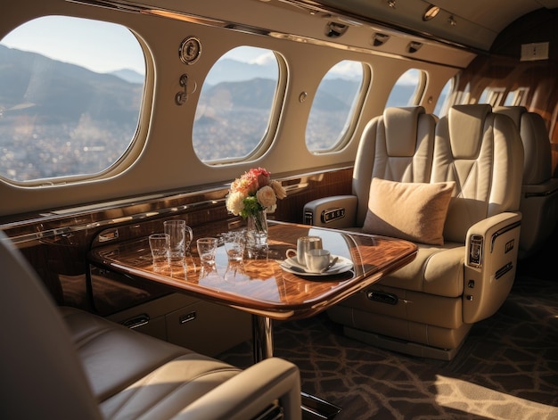 Un business jet seduto con tavoli e altri posti a sedere in stile beige scuro e marrone moderno e lussuoso AI generativo