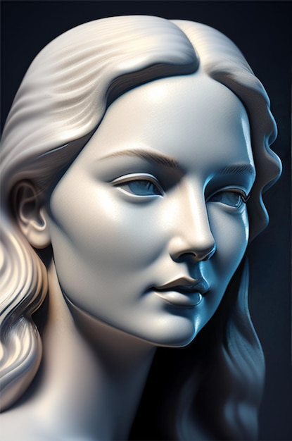 Un busto bianco di donna con i capelli lunghi e gli occhi azzurri.