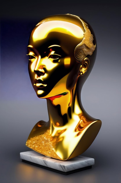 Un busto d'oro di una donna con una faccia sopra