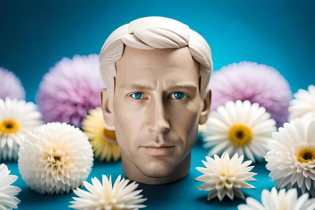 Un busto di un uomo con dei fiori intorno