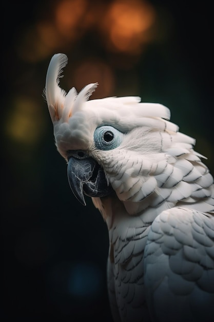 Un cacatua bianco con una piuma sulla testa guarda a destra.