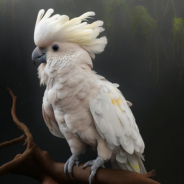 Un cacatua bianco con uno sfondo nero dietro.