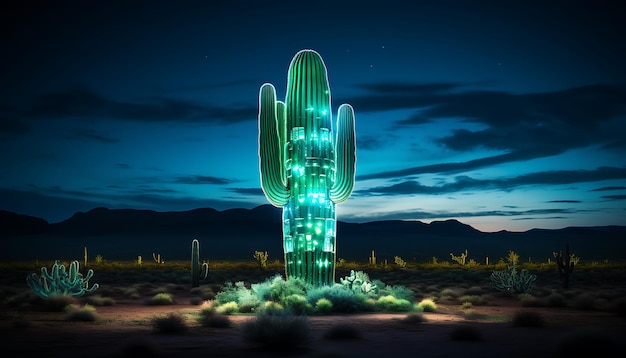 un cactus al neon nel mezzo di un deserto dell'Arizona