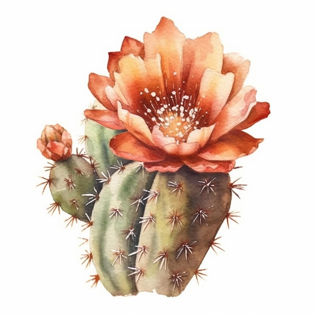 Un cactus con fiori e boccioli. illustrazione dell'acquerello.