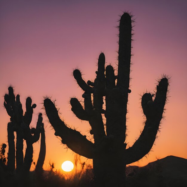 un cactus con il sole che tramonta dietro di lui