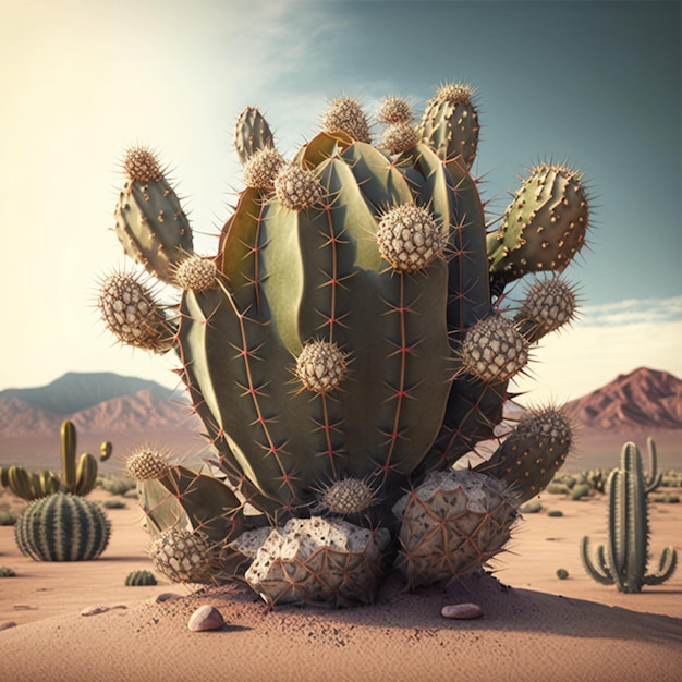 Un cactus con molte spine rotonde è nel deserto.
