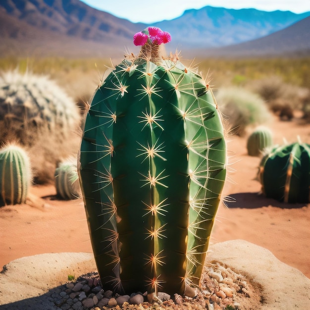 Un cactus con un fiore rosa al centro