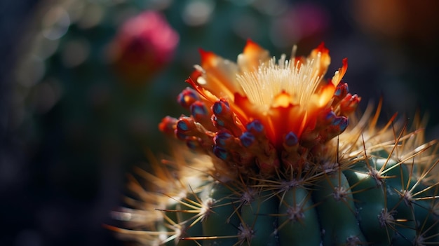 Un cactus con un fiore rosso in primo piano