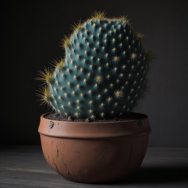 Un cactus con un vaso marrone su un tavolo di legno