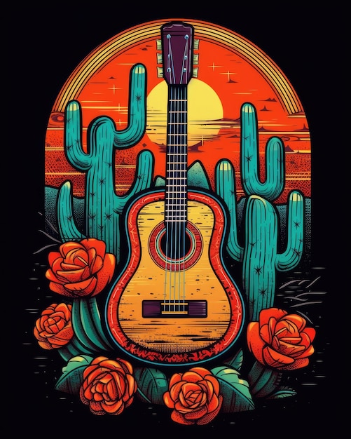 Un cactus e una chitarra in stile messicano Illustrazione Generative AI