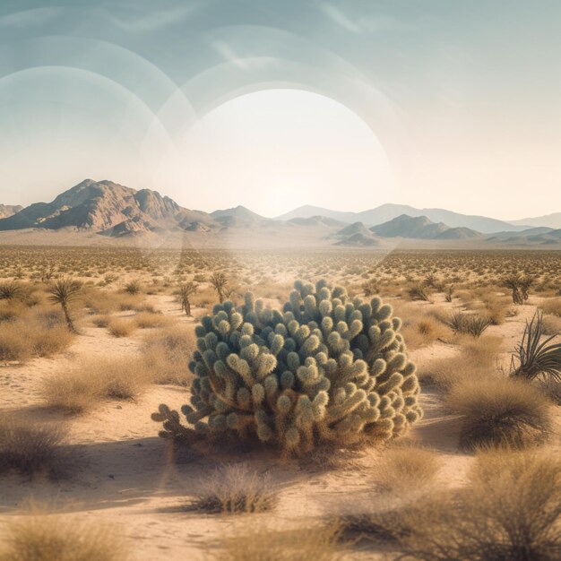 Un cactus in un deserto con le montagne sullo sfondo