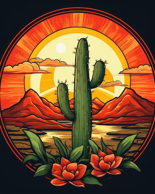 Un cactus si trova in primo piano mentre il sole tramonta sulle montagne IA generativa