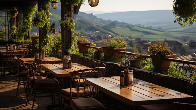 Un caffè affascinante e accogliente situato in un sereno paesaggio rurale asiatico con colline e montagne