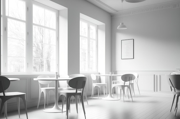Un caffè bianco contemporaneo con un pavimento in legno e tavoli e sedie posizionati