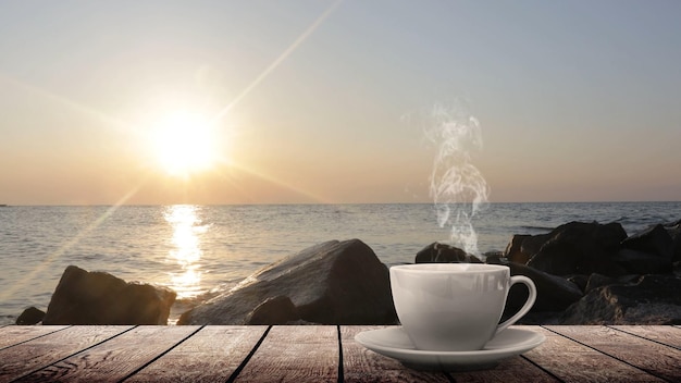 un caffè caldo in tavola su uno sfondo naturale