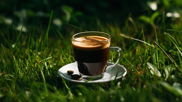 Un caffè espresso scuro sull'erba verde dà un rilassamento