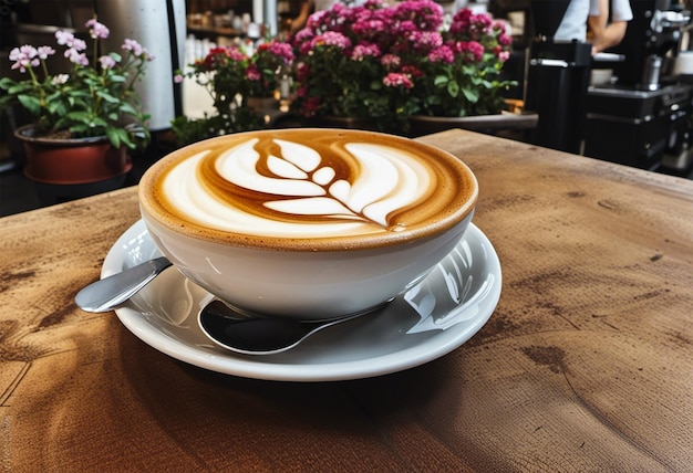 un caffè latte con fiori di caffè