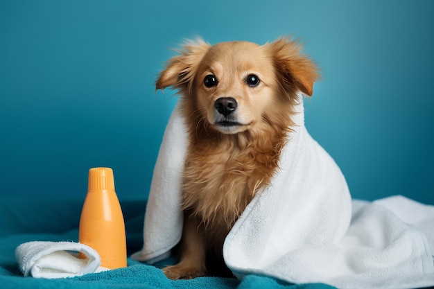 Un cagnolino avvolto in un asciugamano dopo la doccia