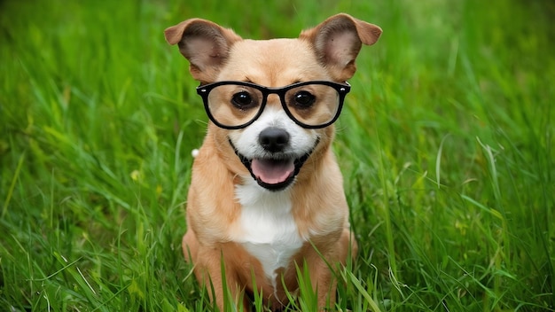 Un cagnolino carino con gli occhiali.