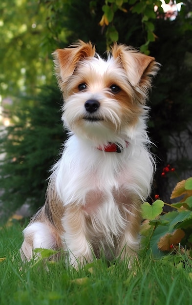Un cagnolino con un collare rosso siede nell'erba.