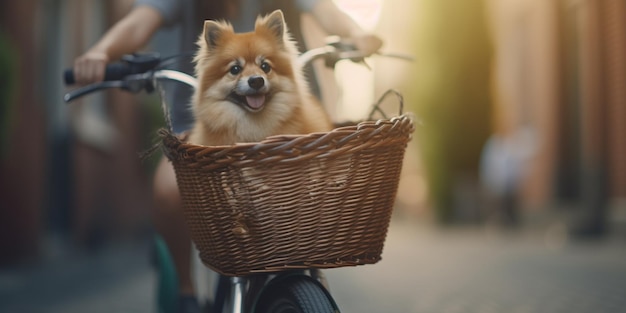 Un cagnolino in bicicletta in un vivace parco cittadino