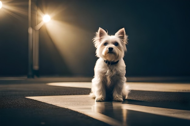 un cagnolino si siede su un tappeto davanti a una porta.