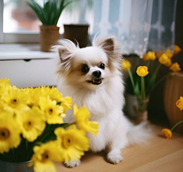 Un cagnolino siede accanto a un mazzo di fiori in un vaso
