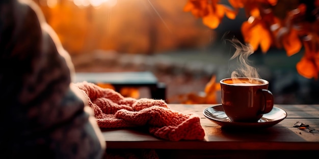 un caldo maglione a maglia e un caffè che si scaldano in una fresca giornata d'autunno