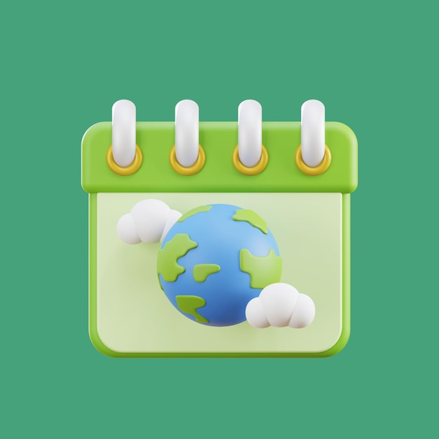 Un calendario verde con un globo su di esso Illustrazione 3D
