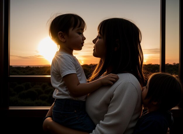 Un caloroso abbraccio di una madre e di un bambino al tramonto