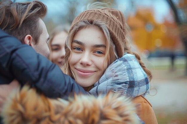 Un caloroso abbraccio tra amici in un freddo giorno d'autunno nel parco Close-up di una giovane donna sorridente