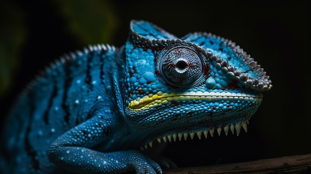 Un camaleonte blu con un occhio bianco e uno rosso