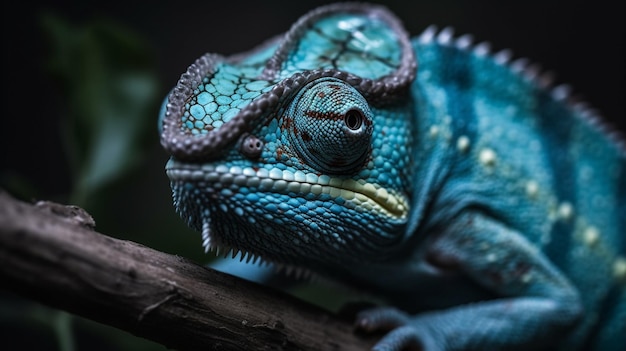 Un camaleonte blu siede su un ramo.