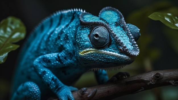 Un camaleonte blu siede su un ramo.