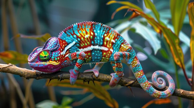 Un camaleonte dai colori vivaci su un ramo in una foresta vivace