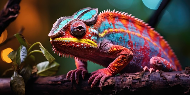 Un camaleonte maculato luminoso si siede su un ramo Animali tropicali IA generativa