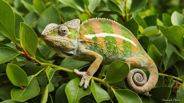 Un camaleonte mediterraneo ben camuffato chamaeleo chamaeleon sbirciando da dietro alcune foglie